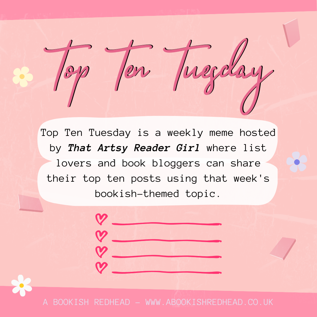 Pink background with flowers and floating pink books for Top Ten Tuesday on A Bookish Redhead